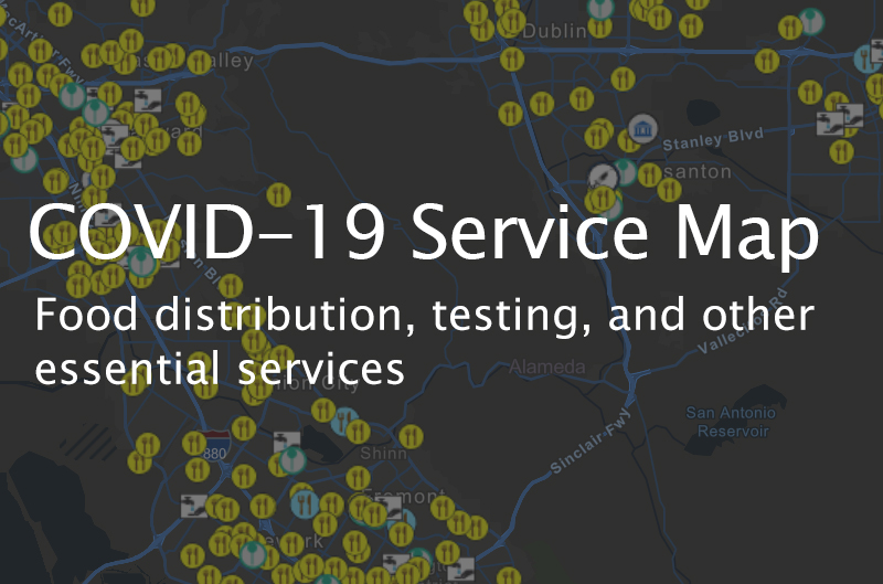 Photo showing a close up of COVID-19 Service map. Words say: COVID-19 Service Map - Food distribution, testing, and other essential services