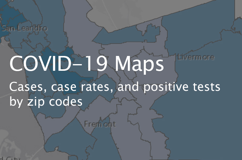 Photo showing a close up of COVID-19 map. Words say: COVID-19 Maps - Cases, case rates, and positive tests by zip codes