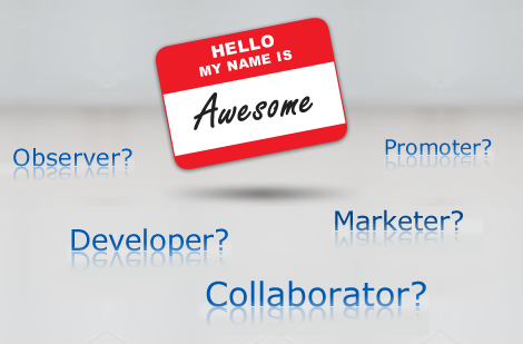 Graphic showing a name tag. Hackathon roles are listed: developer, observer, promoter, observer, collaborater, and marketer. Tagline says: Whatever your role, we need your skills.