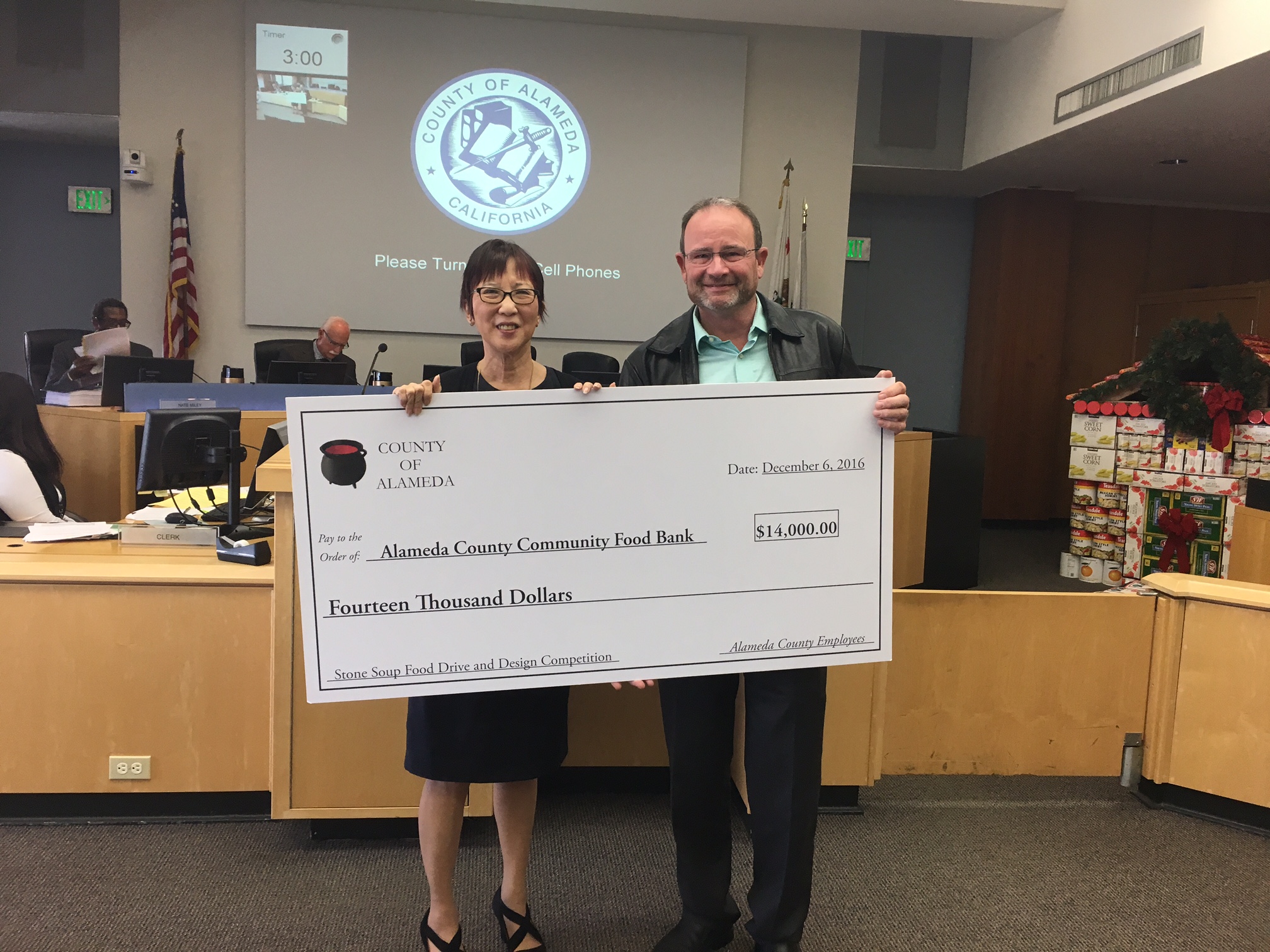 Supervisor Wilma Chan presented Alameda County Food Bank with $14,000 check today to culminate record-breaking Stone Soup Food Drive.
