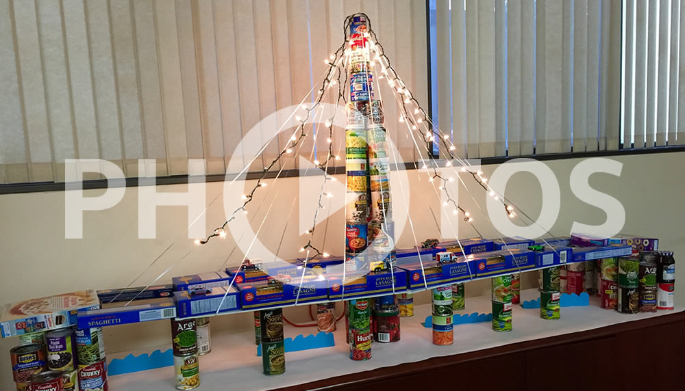 Photo of a canned food display in the shape of the Bay Bridge.