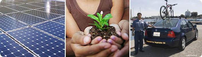 collage of 3 photos showing solar panels, a girl holding a plant, and a car powered by vegetable oil.