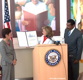 Photo of Senator Boxer recognizing Alameda County's sustainability and climate protection leadership.